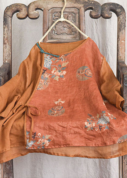 Orange Print Chinese Button Lace Up Patchwork Linen Shirt Summer