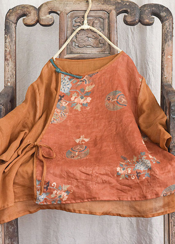 Orange Print Chinese Button Lace Up Patchwork Linen Shirt Summer