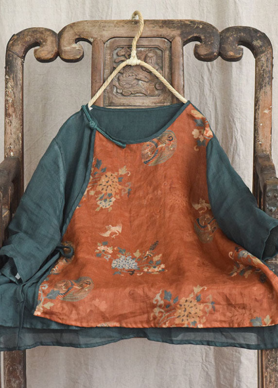 Orange Print Chinese Button Lace Up Patchwork Linen Shirt Summer