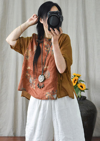 Orange Print Chinese Button Lace Up Patchwork Linen Shirt Summer