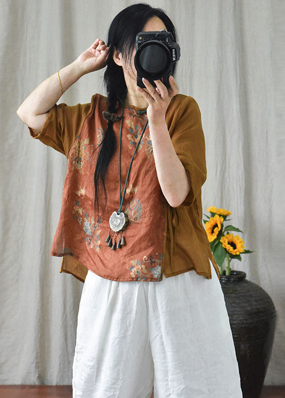Orange Print Chinese Button Lace Up Patchwork Linen Shirt Summer