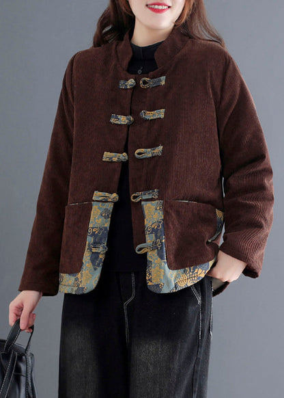 Orange Print Patchwork Pockets Thick Corduroy Parka Fall