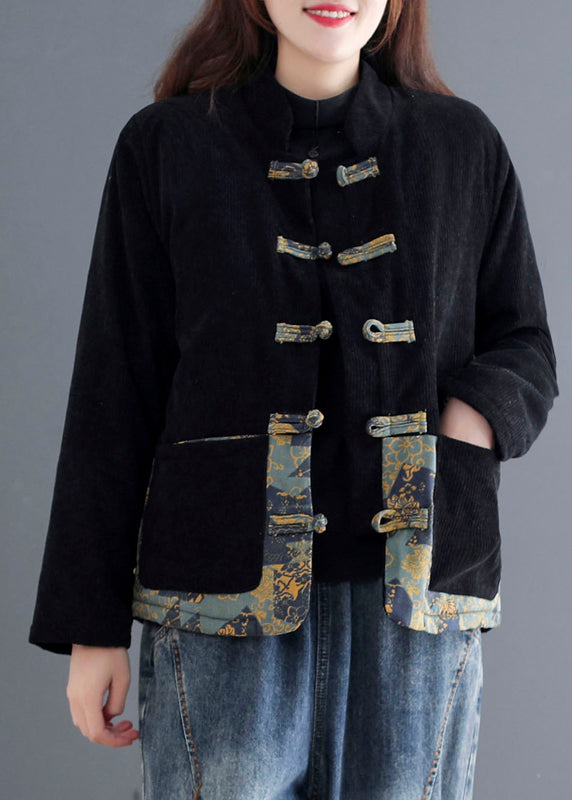 Orange Print Patchwork Pockets Thick Corduroy Parka Fall