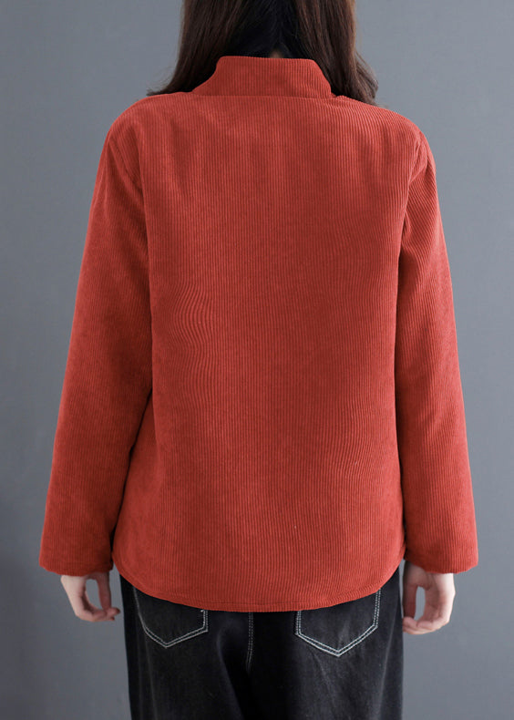 Orange Print Patchwork Pockets Thick Corduroy Parka Fall