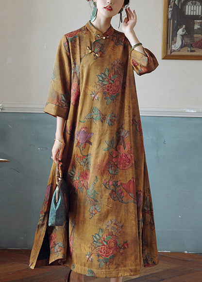 Orange Print Stand Collar Button Silk Maxi Dresses Spring