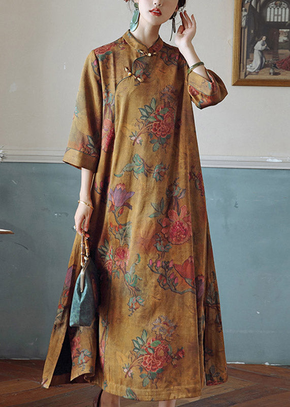 Orange Print Stand Collar Button Silk Maxi Dresses Spring