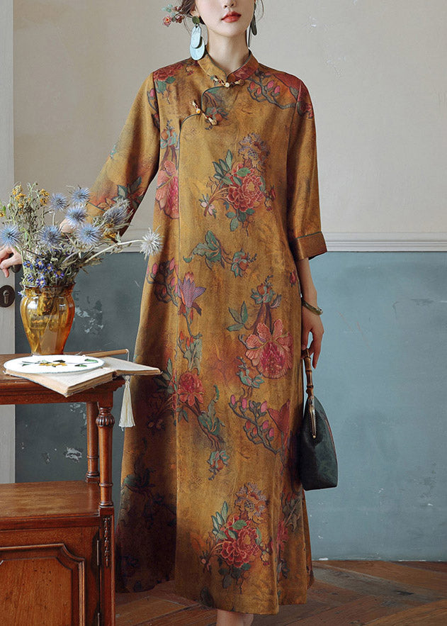 Orange Print Stand Collar Button Silk Maxi Dresses Spring