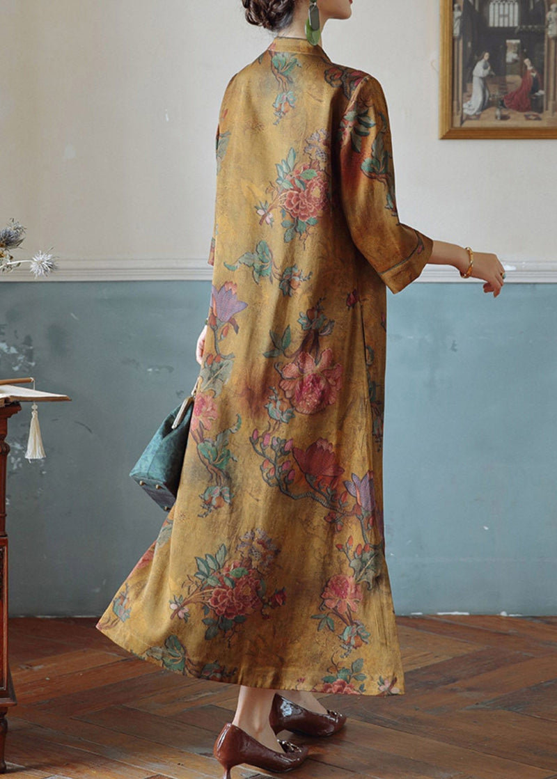 Orange Print Stand Collar Button Silk Maxi Dresses Spring