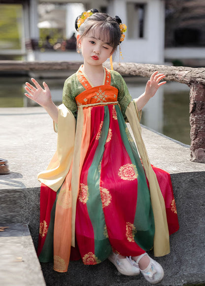 Orange Print Wrinkled Patchwork Chiffon Kids Long Dresses Summer