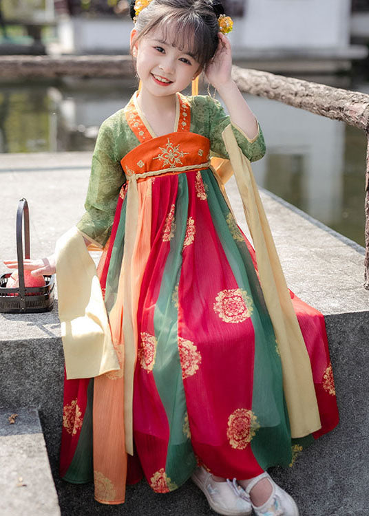 Orange Print Wrinkled Patchwork Chiffon Kids Long Dresses Summer