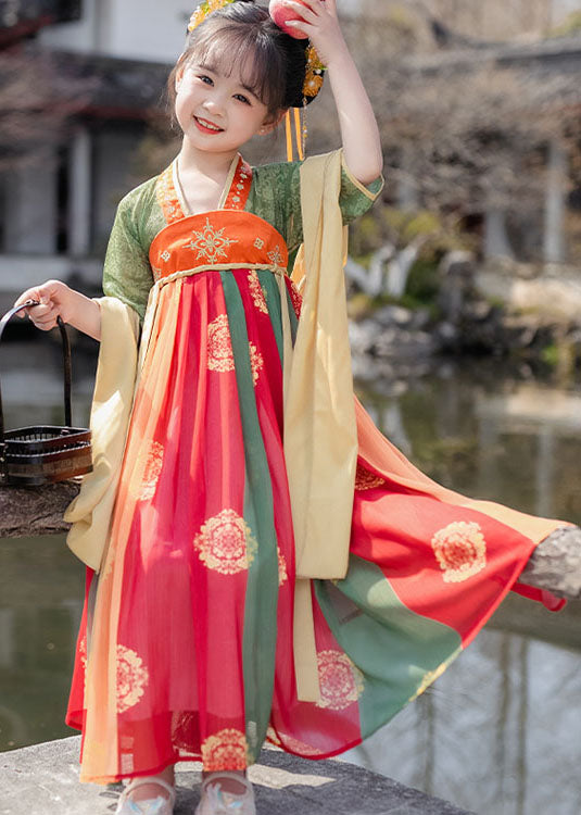 Orange Print Wrinkled Patchwork Chiffon Kids Long Dresses Summer