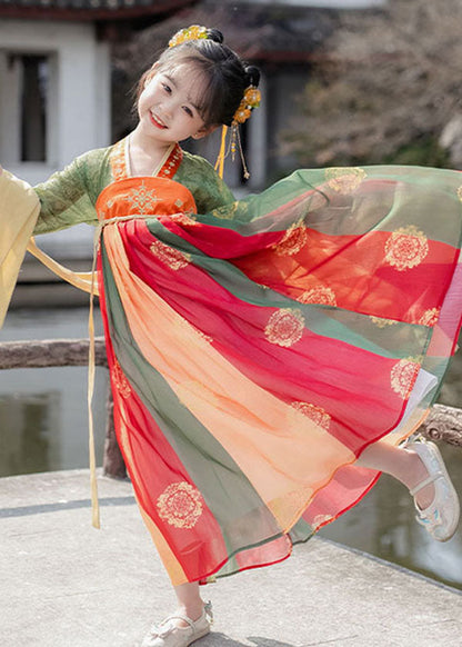 Orange Print Wrinkled Patchwork Chiffon Kids Long Dresses Summer