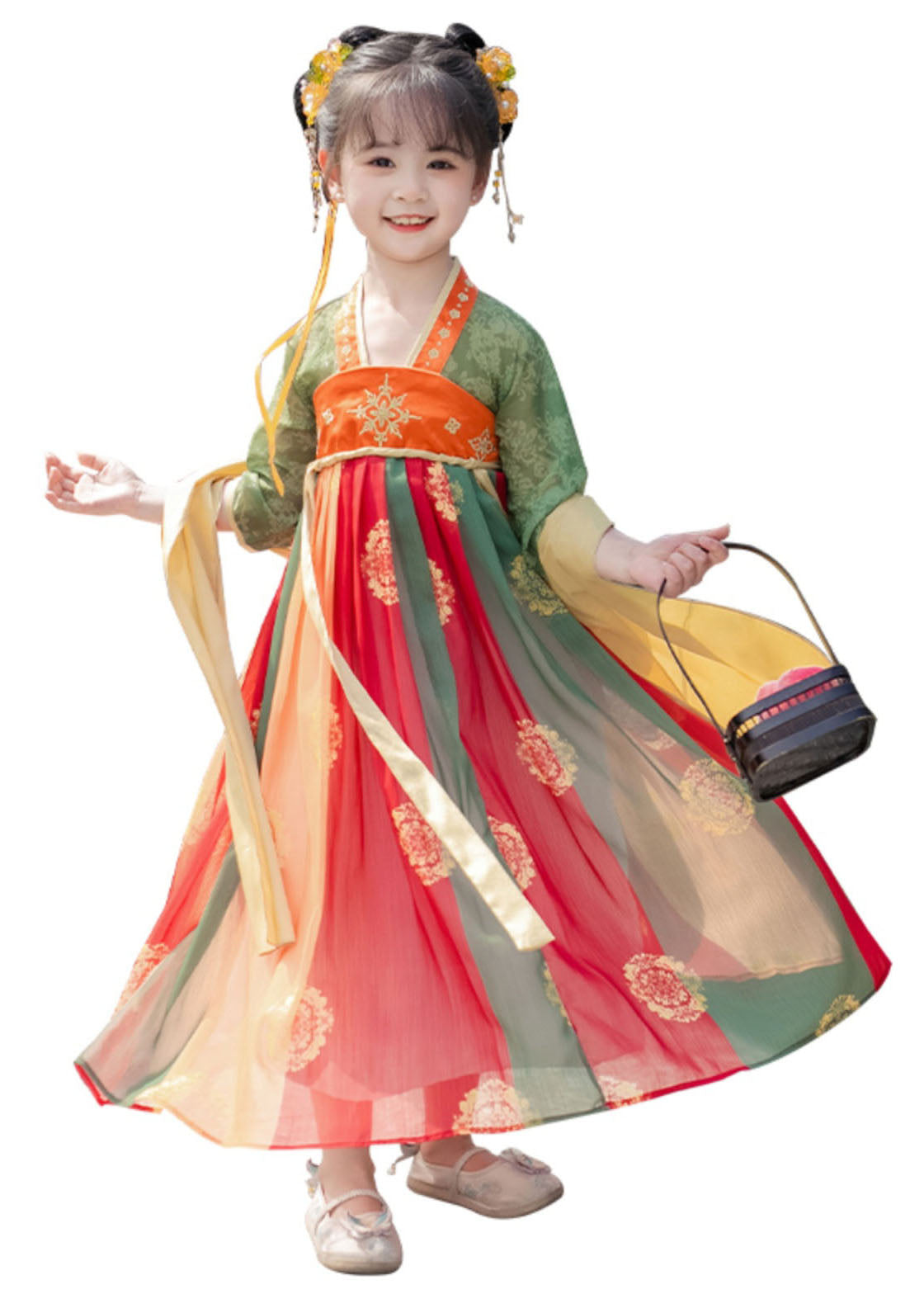 Orange Print Wrinkled Patchwork Chiffon Kids Long Dresses Summer