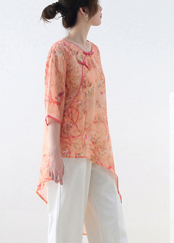 Orange Red O-neck Print Linen Shirt Top Half Sleeve