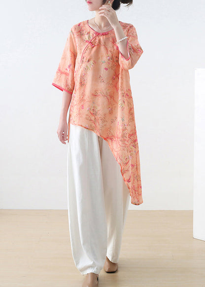 Orange Red O-neck Print Linen Shirt Top Half Sleeve