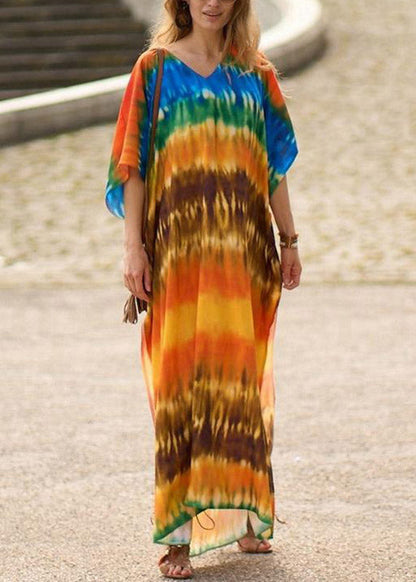 Orange Side Open Print Long Beach Dresses Short Sleeve