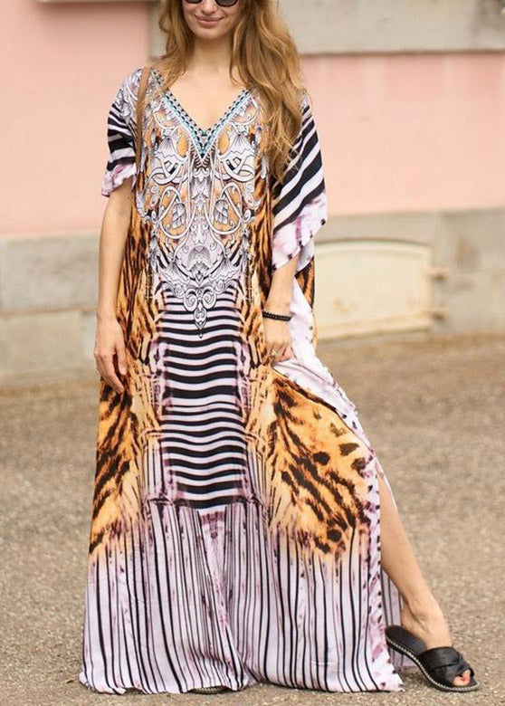 Orange Side Open Print Long Beach Dresses Short Sleeve