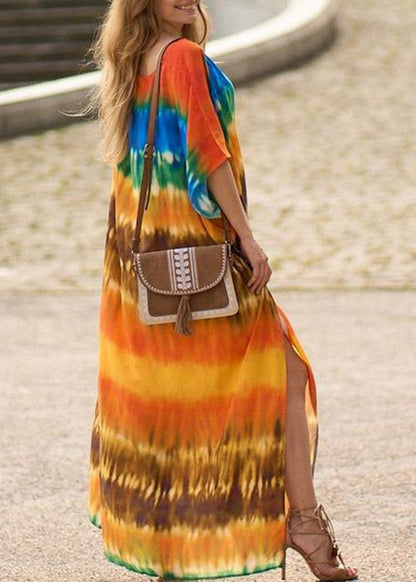 Orange Side Open Print Long Beach Dresses Short Sleeve