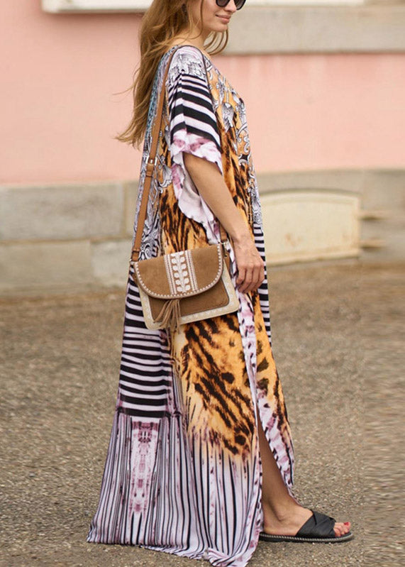 Orange Side Open Print Long Beach Dresses Short Sleeve