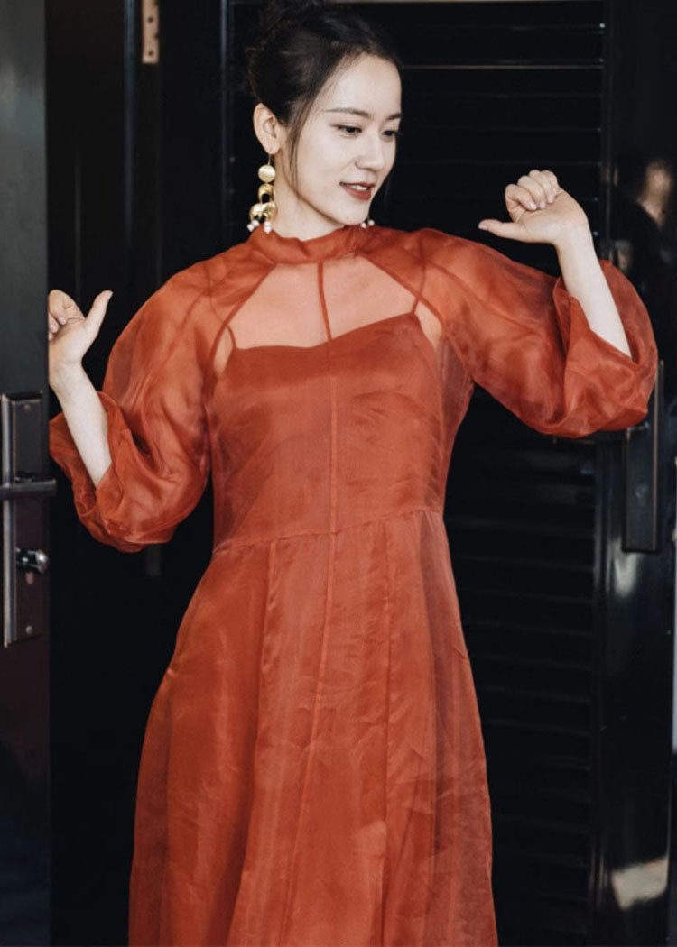 Orange Stand Collar Patchwork Tulle Maxi Dress Fall