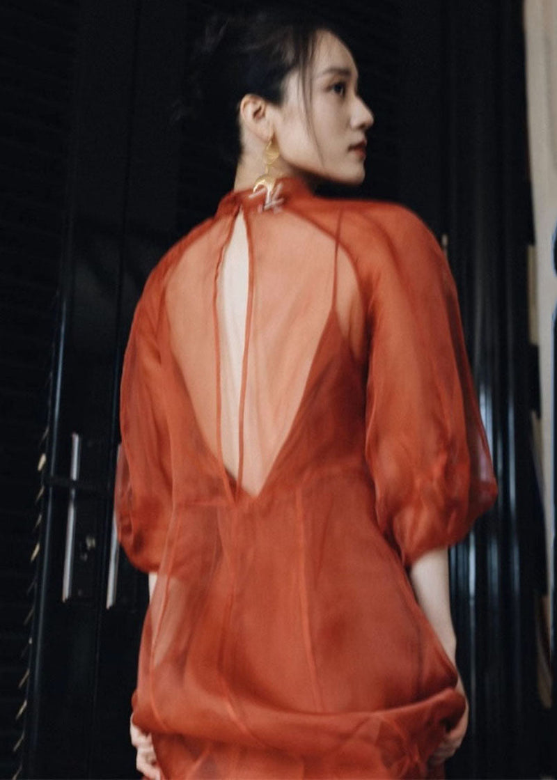 Orange Stand Collar Patchwork Tulle Maxi Dress Fall