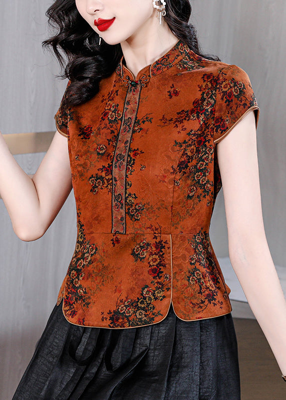 Orange Stand Collar Print Silk Shirts Summer