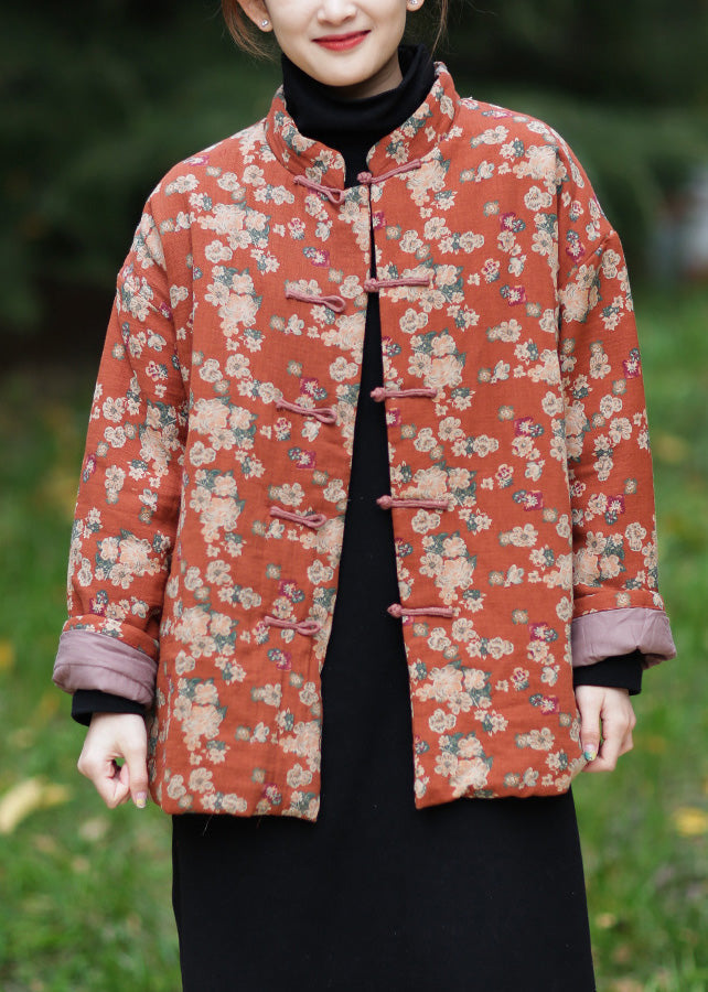Orange Stand Collar Print Warm Fleece Parka Winter