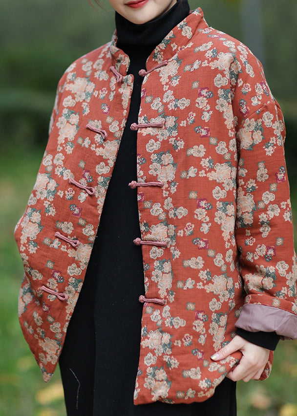 Orange Stand Collar Print Warm Fleece Parka Winter