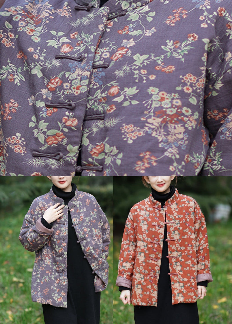 Orange Stand Collar Print Warm Fleece Parka Winter