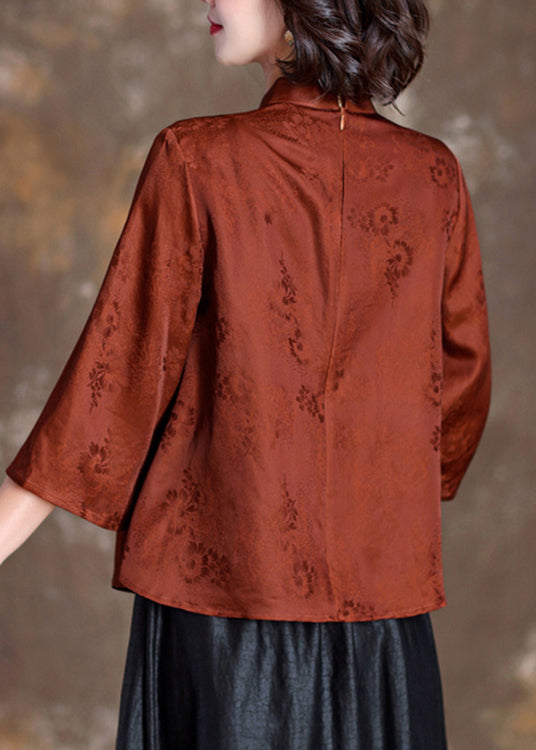 Orange Stand Collar Tasseled Print Silk Shirt Tops Bracelet Sleeve