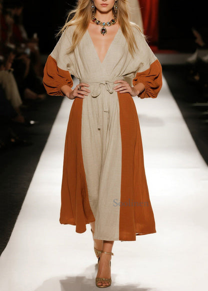 Orange Tie Waist Patchwork Linen Holiday Dress Spring