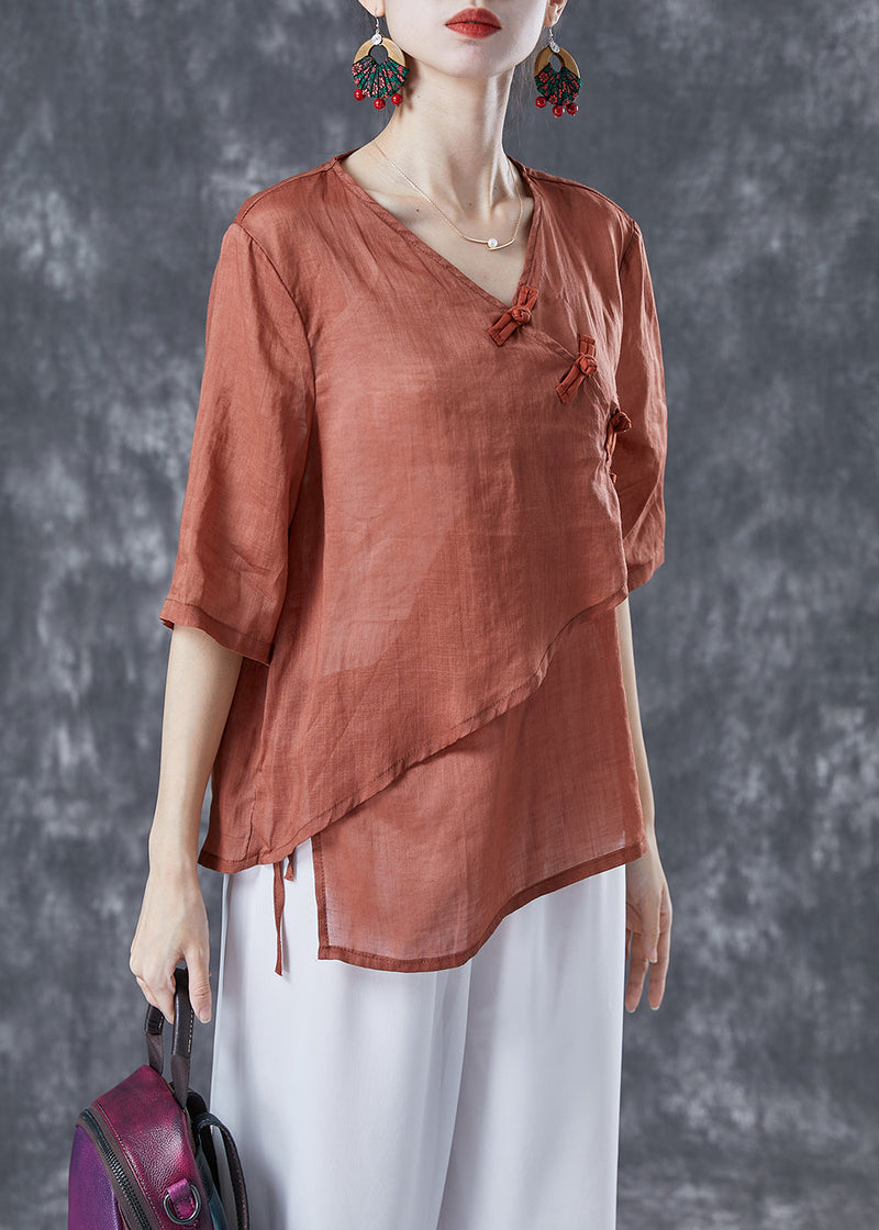 Orange V Neck Chinese Button Linen Shirt Top Summer