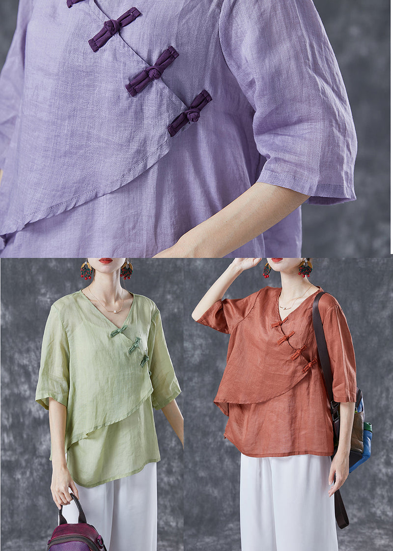 Orange V Neck Chinese Button Linen Shirt Top Summer