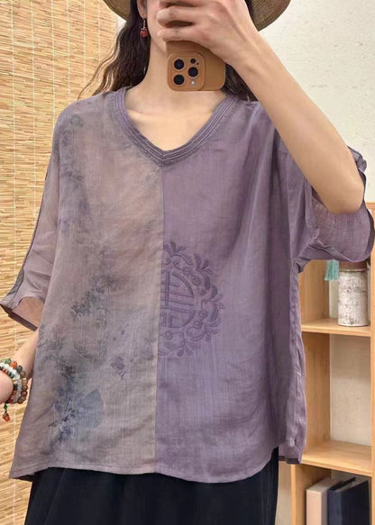 Orange V Neck Embroideried Print Patchwork Linen Shirt Tops Summer