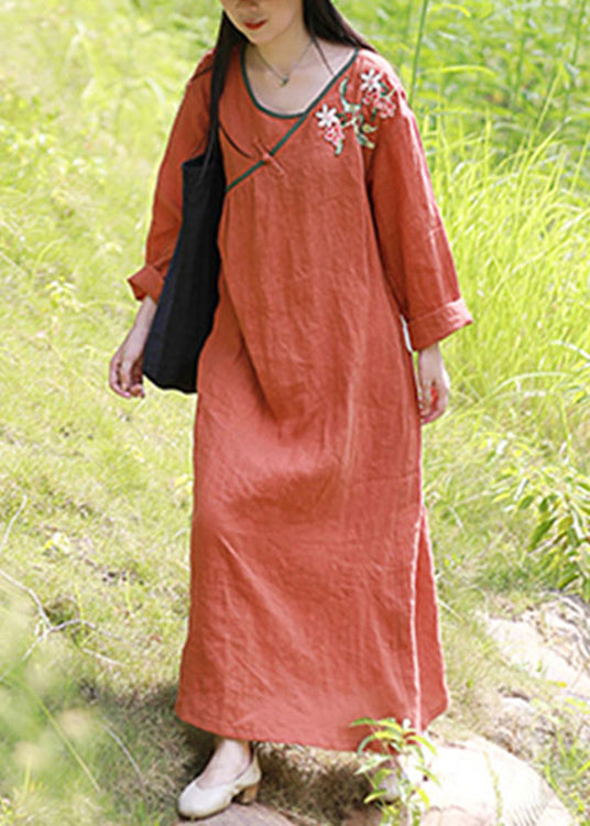 Orange V Neck Embroidery Linen Dress Long Sleeve