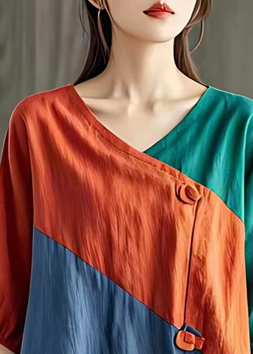 Orange V Neck Patchwork Cotton T Shirts Half Sleeve