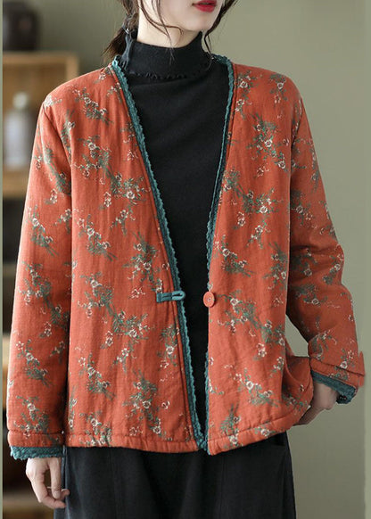 Orange V Neck Print Fine Cotton Filled Cardigan Winter