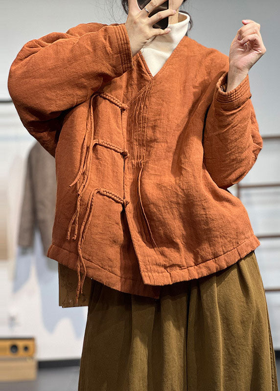 Orange V Neck Wrinkled Fine Cotton Filled Winter Coats