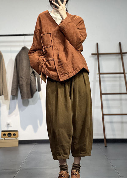 Orange V Neck Wrinkled Fine Cotton Filled Winter Coats