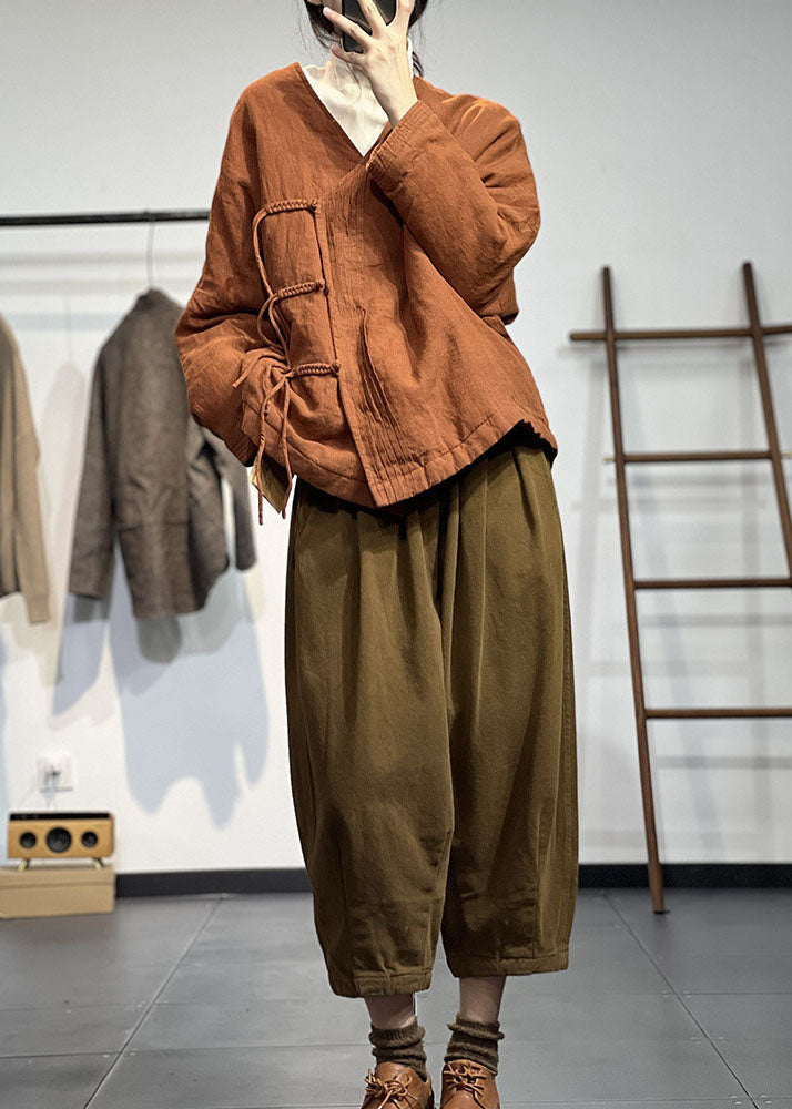 Orange V Neck Wrinkled Fine Cotton Filled Winter Coats