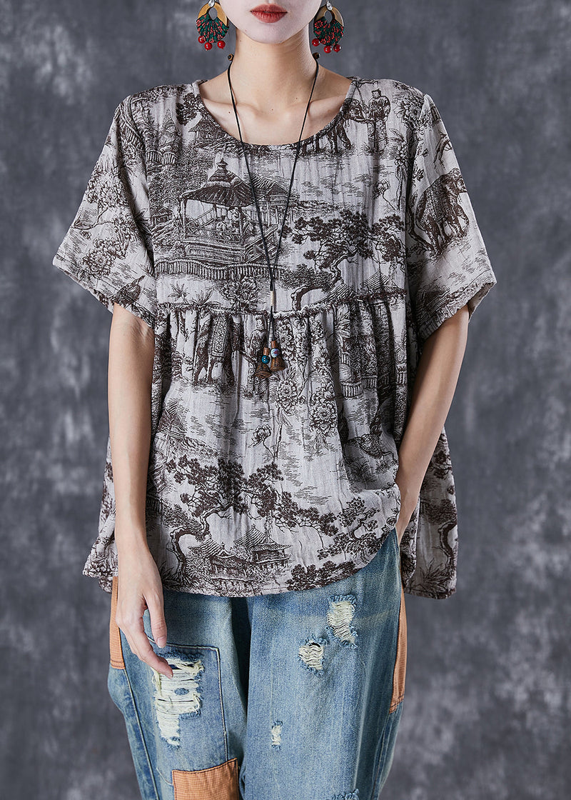 Oversized Inkwash Painting Print Linen Shirt Tops Summer