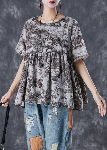Oversized Inkwash Painting Print Linen Shirt Tops Summer