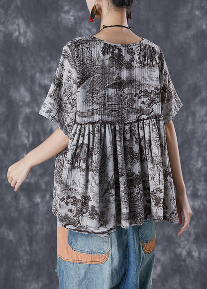 Oversized Inkwash Painting Print Linen Shirt Tops Summer