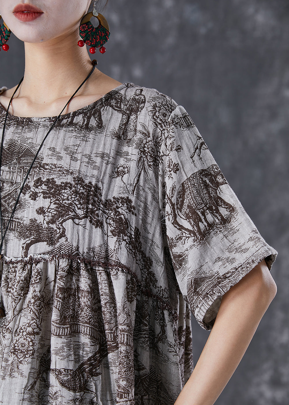 Oversized Inkwash Painting Print Linen Shirt Tops Summer