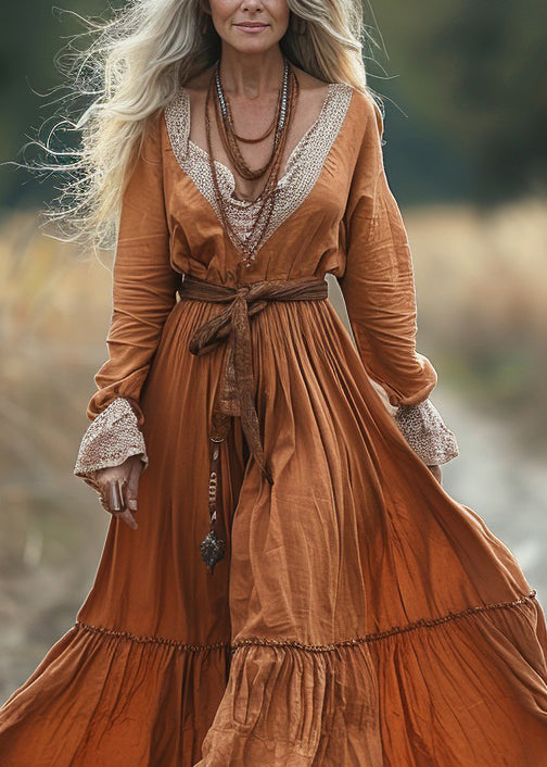 Pastoral Style V-neck Lace Patchwork Long Dress Spring
