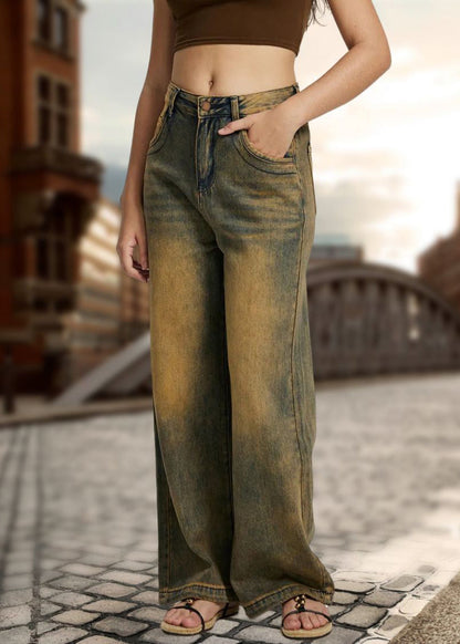 Patchwork High Waist Straight Denim Pants Fall