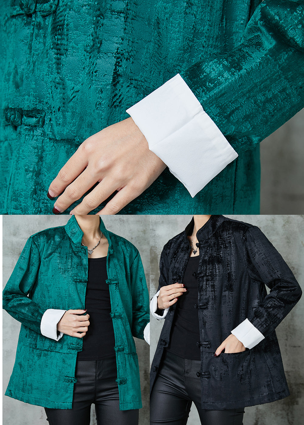 Peacock Green Stand Collar Chinese Button Cotton Coats Spring