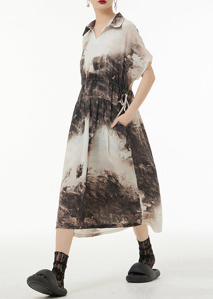 Peter Pan Collar Tie Dyetie Waist Patchwork Silk Long Dresses Summer