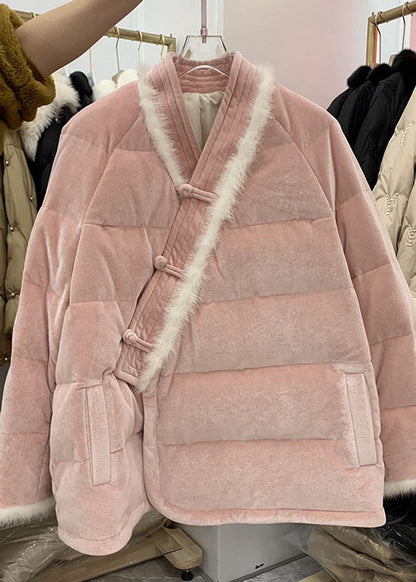 Pink Chinese Button Patchwork Fine Cotton Filled Winter Coats