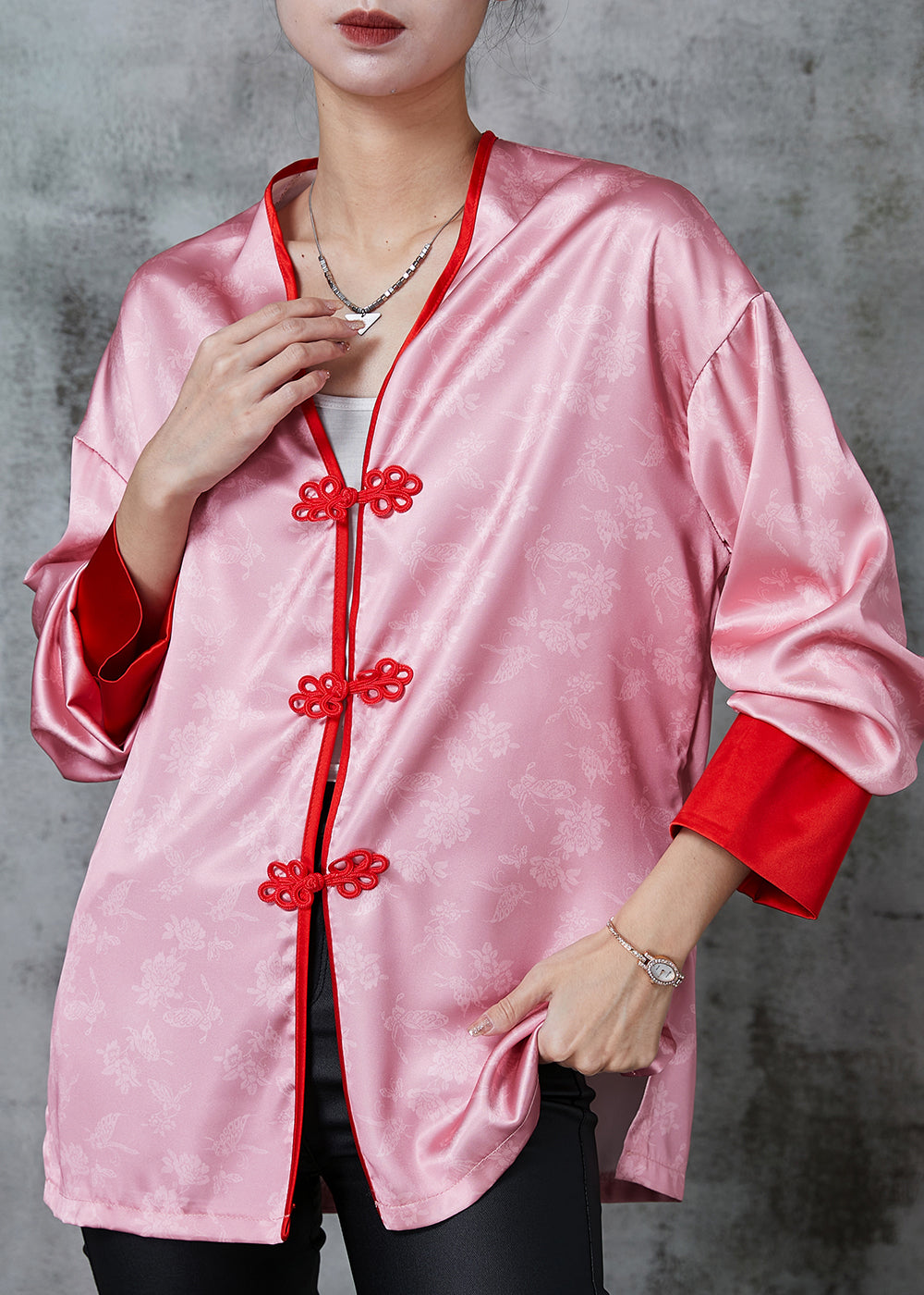 Vintage Pink Chinese Button Print Silk Blouse Tops Spring